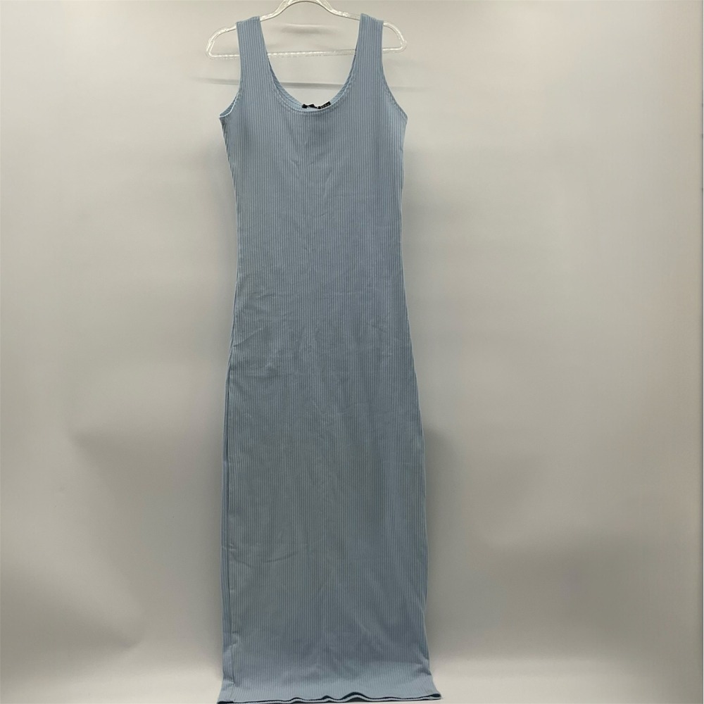 Boohoo Maxi Dress Ribbed Blue 8 Minimalist Balletcore Clean Girl Everyday Basic